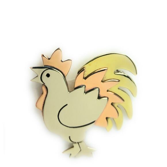 Far Fetched Jewelry - Far Fetched Rooster Pin Mixed Metals Chicken Brooch Limited Edition